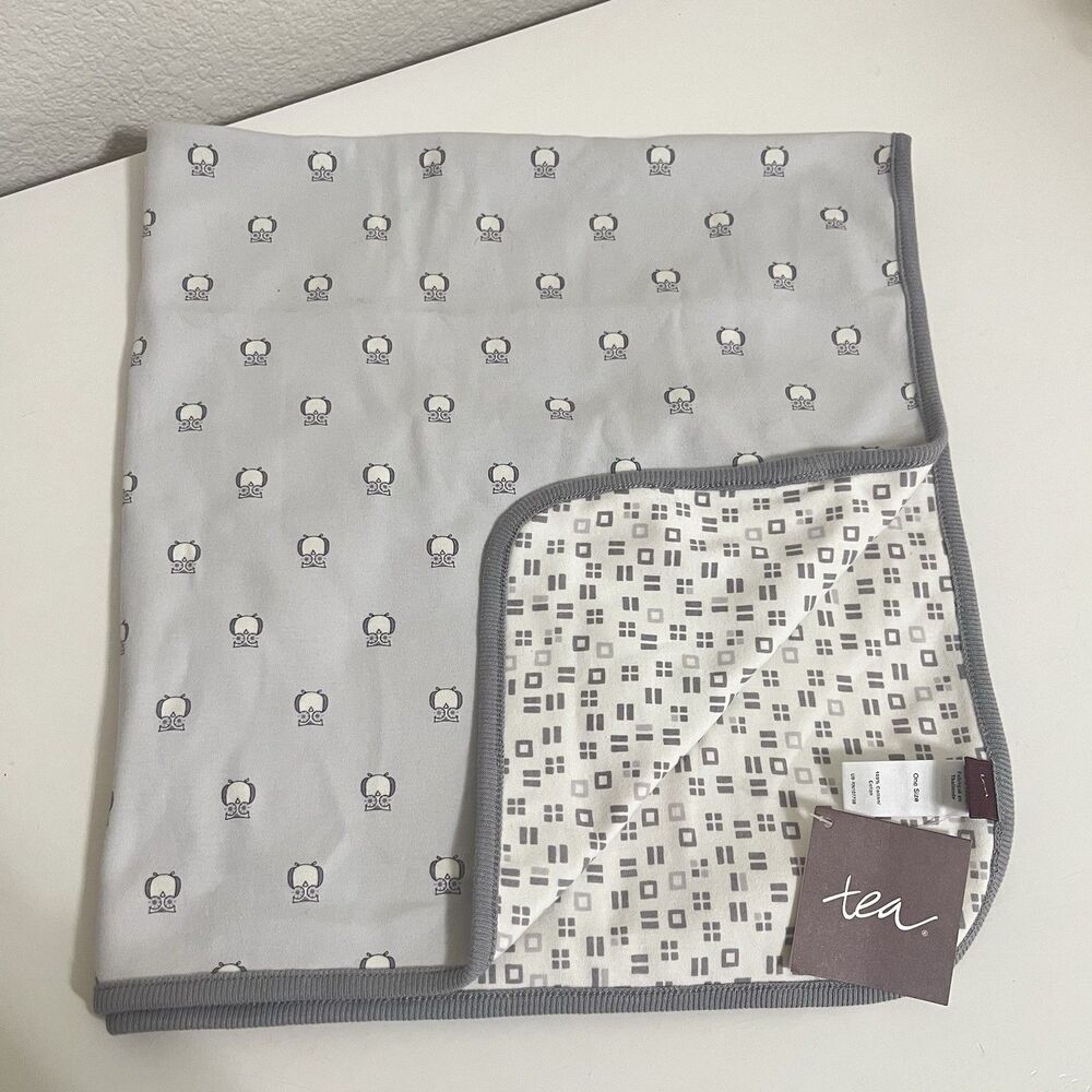 Tea Collection Gray Owls and Shapes Reversible Baby Blanket Lovey Cotton NWT